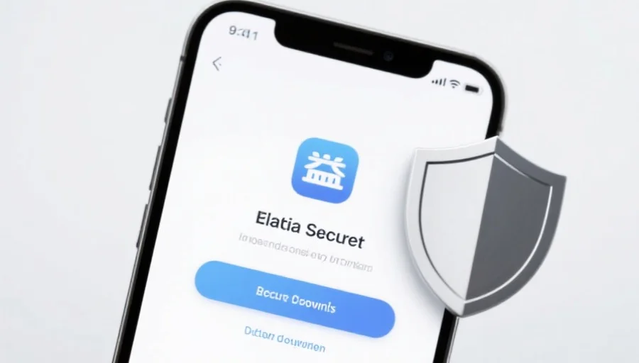 一部现代智能手机屏幕上显示益达应用的安全下载界面,旁边有安全盾牌图标,背景简洁