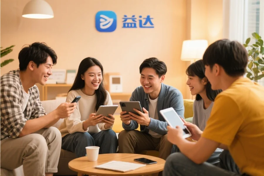 一群年轻用户围坐在一起，使用平板和手机愉快地交流，背景温馨现代，象征益达应用的社区活跃氛围